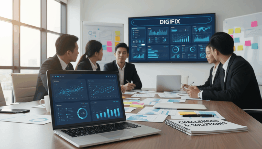 A Dynamic, Digital Workspace Illustrating &Quot;Data-Driven Marketing Challenges,&Quot; Featuring A Diverse Team Of Professionals In Business Attire Collaborating Around A Sleek Conference Table. In The Foreground, A Modern Laptop Displays Complex Data Visualizations And Marketing Analytics. The Middle Layer Includes Charts, Graphs, And Sticky Notes Depicting Brainstorming Sessions, With A Notepad Titled &Quot;Challenges &Amp; Solutions&Quot; Prominently Visible. The Background Features A Large Screen Showcasing A Digital Marketing Dashboard With The Brand Name &Quot;Digifix&Quot; Displayed Proudly. Soft, Natural Lighting Filters Through Large Windows, Creating An Energetic Yet Focused Atmosphere, Accentuated By High-Resolution Details And A Slightly Angled Perspective That Draws The Viewer's Attention Into The Collaborative Process.