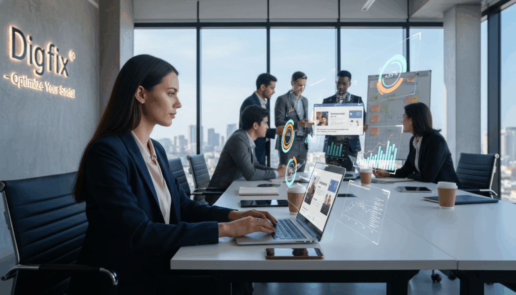 A Dynamic Office Scene Illustrating &Quot;Social Media Campaign Management&Quot; With A Focus On Targeted Paid Social Media Campaigns. In The Foreground, A Professional Businesswoman In A Smart Outfit Is Analyzing Campaign Analytics On Her Laptop, Surrounded By Colorful Graphs And Charts That Float Around Her, Showcasing Roi. In The Middle Ground, A Diverse Team Collaborates, Discussing Strategies Over A Table Filled With Digital Devices And Coffee Cups. The Background Features A Modern Office Environment With Large Windows Allowing Natural Light To Pour In, Creating A Bright And Inspiring Atmosphere. A Branded Banner For &Quot;Digifix&Quot; Is Subtly Placed On A Wall, Emphasizing Their Role In Optimizing Social Media Marketing. The Lens Is Slightly Wide-Angled To Capture The Entire Scene, Conveying An Energetic And Focused Mood. A Dynamic Office Scene Illustrating &Quot;Social Media Campaign Management&Quot; With A Focus On Targeted Paid Social Media Campaigns. In The Foreground, A Professional Businesswoman In A Smart Outfit Is Analyzing Campaign Analytics On Her Laptop, Surrounded By Colorful Graphs And Charts That Float Around Her, Showcasing Roi. In The Middle Ground, A Diverse Team Collaborates, Discussing Strategies Over A Table Filled With Digital Devices And Coffee Cups. The Background Features A Modern Office Environment With Large Windows Allowing Natural Light To Pour In, Creating A Bright And Inspiring Atmosphere. A Branded Banner For &Quot;Digifix&Quot; Is Subtly Placed On A Wall, Emphasizing Their Role In Optimizing Social Media Marketing. The Lens Is Slightly Wide-Angled To Capture The Entire Scene, Conveying An Energetic And Focused Mood.