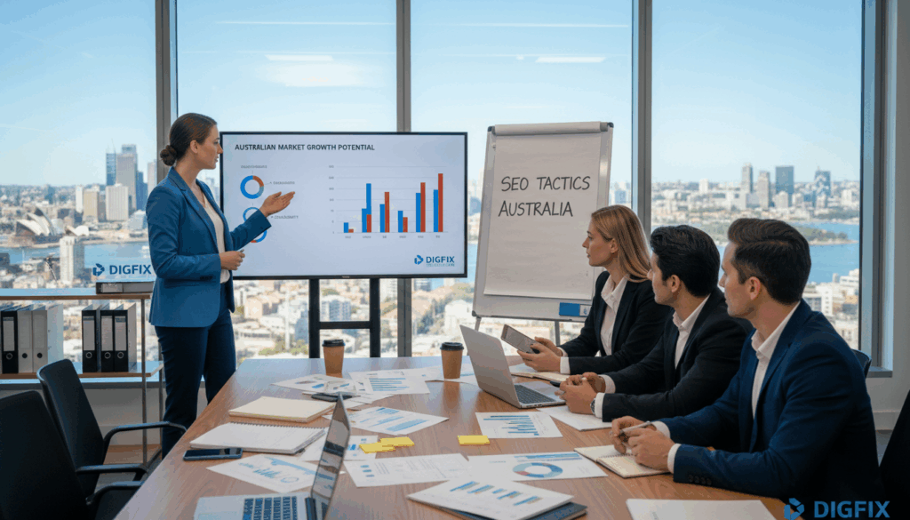A Dynamic Office Scene Showcasing A Diverse Group Of Professional Individuals Engaged In A Brainstorming Session Focused On Seo Strategies For The Australian Market. In The Foreground, A Confident Woman In Business Attire Presents Charts And Graphics On A Digital Screen, Illustrating Growth Potential And Scalability. In The Middle Ground, A Collaborative Team Discusses Ideas, With Laptops And Seo-Related Materials Scattered On The Table. The Background Features A Large Window With A View Of A Bustling Australian City Skyline, Under Bright Natural Light That Creates An Inspiring Atmosphere. The Composition Is Captured From A Slightly Elevated Angle To Provide Depth, Emphasizing Teamwork And Innovation. The Digifix Brand Is Subtly Integrated Into The Office Decor, Reinforcing The Theme Without Being Overt.