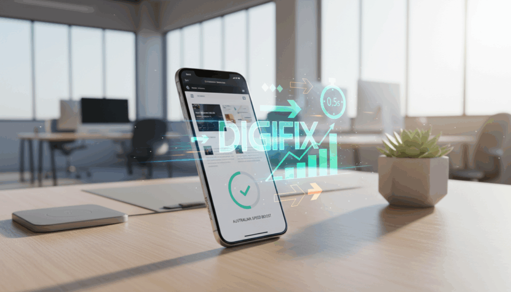 A Dynamic Representation Of Website Speed Optimization, Featuring A Sleek Mobile Phone In The Foreground Displaying A Fast-Loading Website Interface. The Phone Rests On A Clean, Modern Desk With Subtle Tech Accessories. In The Middle Ground, A Graphic Illustration Of Speed Metrics And Performance Icons, Emphasizing Quick Loading Times In Vibrant Colors. The Background Captures A Blurred Office Environment With Natural Light Streaming Through Large Windows, Creating A Fresh And Productive Atmosphere. The Mood Is Energetic And Focused, Reflecting The Importance Of Mobile-Specific Speed Enhancements For Australian Users. Incorporate The Brand Name &Quot;Digifix&Quot; Subtly Into The Design Elements Without Overpowering The Main Image. Use A Wide-Angle Lens Effect To Create Depth And Engage The Viewer. A Dynamic Representation Of Website Speed Optimization, Featuring A Sleek Mobile Phone In The Foreground Displaying A Fast-Loading Website Interface. The Phone Rests On A Clean, Modern Desk With Subtle Tech Accessories. In The Middle Ground, A Graphic Illustration Of Speed Metrics And Performance Icons, Emphasizing Quick Loading Times In Vibrant Colors. The Background Captures A Blurred Office Environment With Natural Light Streaming Through Large Windows, Creating A Fresh And Productive Atmosphere. The Mood Is Energetic And Focused, Reflecting The Importance Of Mobile-Specific Speed Enhancements For Australian Users. Incorporate The Brand Name &Quot;Digifix&Quot; Subtly Into The Design Elements Without Overpowering The Main Image. Use A Wide-Angle Lens Effect To Create Depth And Engage The Viewer.