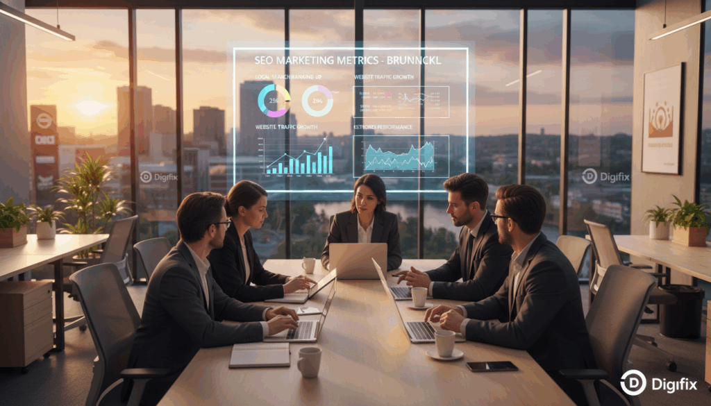 A Dynamic Scene Depicting A Professional Brunswick Seo Meeting Taking Place In A Modern Office Environment. In The Foreground, A Diverse Group Of Businesspeople In Professional Attire Engaged In Discussion, Analyzing Data On Laptops And Tablets. The Middle Ground Features A Large Presentation Screen Displaying Seo Marketing Metrics With Bright, Engaging Visuals, Showcasing Trends And Strategies. The Background Reveals A Sleek Office Space With Large Windows Providing Natural Light, Overlooking A Cityscape Of Brunswick Dotted With Local Businesses. The Atmosphere Is Productive And Collaborative, Embodying The Spirit Of Innovation And Teamwork. Emphasize The Brand &Quot;Digifix&Quot; Subtly Integrated Into The Office Decor. Use Warm, Inviting Lighting To Create A Sense Of Optimism And Professionalism. Capture The Image From A Slightly Elevated Angle To Provide A Comprehensive View Of The Scene.