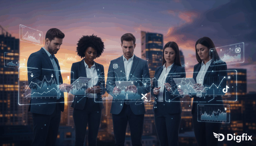 A Dynamic Visual Representation Of &Quot;Algorithm Changes&Quot; Tailored For Fitzroy Social Media Marketing, Showcasing The Brand &Quot;Digifix&Quot;. In The Foreground, A Diverse Group Of Professionals Dressed In Smart Business Attire, Intently Analyzing Digital Screens Displaying Fluctuating Graphs And Social Media Icons. In The Middle, Abstract Symbols Of Algorithms—Like Interconnected Nodes And Lines—Flowing Passionately Among The Team, Signaling Adaptation And Transformation. The Background Features A City Skyline At Dusk, With Vibrant Twilight Colors Illuminating The Office Buildings, Creating A Sense Of Innovation And Urgency. Soft Lighting From The Screens Contrasts With The Warm City Glow, Creating A Focused Yet Inspiring Atmosphere. The Image Conveys A Sense Of Collaboration And Strategic Thinking In The Face Of Constantly Evolving Digital Landscapes. A Dynamic Visual Representation Of &Quot;Algorithm Changes&Quot; Tailored For Fitzroy Social Media Marketing, Showcasing The Brand &Quot;Digifix&Quot;. In The Foreground, A Diverse Group Of Professionals Dressed In Smart Business Attire, Intently Analyzing Digital Screens Displaying Fluctuating Graphs And Social Media Icons. In The Middle, Abstract Symbols Of Algorithms—Like Interconnected Nodes And Lines—Flowing Passionately Among The Team, Signaling Adaptation And Transformation. The Background Features A City Skyline At Dusk, With Vibrant Twilight Colors Illuminating The Office Buildings, Creating A Sense Of Innovation And Urgency. Soft Lighting From The Screens Contrasts With The Warm City Glow, Creating A Focused Yet Inspiring Atmosphere. The Image Conveys A Sense Of Collaboration And Strategic Thinking In The Face Of Constantly Evolving Digital Landscapes.