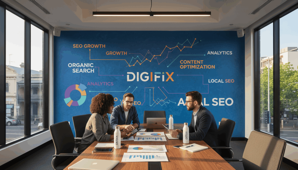 A Dynamic Workspace Inspired By The &Quot;Fitzroy Seo Strategy&Quot; Concept, Showcasing A Modern Office Setting With Sleek Design. In The Foreground, A Diverse Team Of Three Professionals&mdash;One Woman And Two Men&mdash;Discussing Seo Strategies Around A Large Table Filled With Digital Devices And Analytics Charts. Middle Ground Features A Large Wall Adorned With Colorful Graphs And Keywords, Illustrating The Growth Of Online Presence Through Seo. The Background Includes Large Windows With A View Of The Fitzroy Area, Bathed In Natural Light, Enhancing The Atmosphere Of Productivity And Innovation. Soft, Warm Lighting Casts A Motivating And Collaborative Mood. The Brand Name &Quot;Digifix&Quot; Is Subtly Represented By Stylish Branding Elements Within The Workspace.