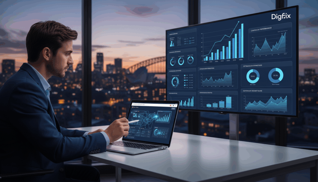 A Dynamic Workspace Showcasing &Quot;Ai-Driven Ppc Campaign Management&Quot; For Australian Businesses. In The Foreground, A Modern Office Desk With A Sleek Laptop Displaying Intricate Graphs And Data Analytics Related To Google Ads, Emphasizing The Integration Of Artificial Intelligence. To The Left, A Professional-Looking Person In Business Attire, Deeply Focused On Analyzing Campaign Performance. The Middle Ground Features A Large Screen Mounted On The Wall Showing Various Ppc Metrics And Graphs, Highlighting Growth And Optimization Strategies. In The Background, A Window With A View Of A Cityscape At Dusk, Casting A Warm, Ambient Glow Into The Room. The Lighting Is Soft Yet Vibrant, Creating An Atmosphere Of Innovation And Future-Forward Thinking. Include The Brand Name &Quot;Digifix&Quot; Subtly Displayed On The Screen. A Dynamic Workspace Showcasing &Quot;Ai-Driven Ppc Campaign Management&Quot; For Australian Businesses. In The Foreground, A Modern Office Desk With A Sleek Laptop Displaying Intricate Graphs And Data Analytics Related To Google Ads, Emphasizing The Integration Of Artificial Intelligence. To The Left, A Professional-Looking Person In Business Attire, Deeply Focused On Analyzing Campaign Performance. The Middle Ground Features A Large Screen Mounted On The Wall Showing Various Ppc Metrics And Graphs, Highlighting Growth And Optimization Strategies. In The Background, A Window With A View Of A Cityscape At Dusk, Casting A Warm, Ambient Glow Into The Room. The Lighting Is Soft Yet Vibrant, Creating An Atmosphere Of Innovation And Future-Forward Thinking. Include The Brand Name &Quot;Digifix&Quot; Subtly Displayed On The Screen.