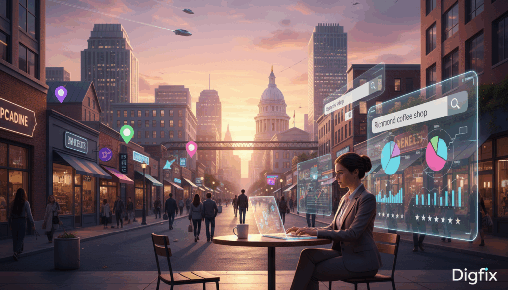 A Futuristic Cityscape Of Richmond, Virginia, Highlighting A Digital Marketing Landscape Focused On Local Seo Trends. In The Foreground, A Professional Businesswoman In Smart Casual Attire Analyzes Data On A Sleek Laptop, Surrounded By Colorful Charts And Graphs Symbolizing Seo Metrics. The Middle Ground Features A Vibrant Street Scene With Local Businesses Displaying Their Services, Enhanced By Digital Overlays Of Location Pins And Search Bars. In The Background, Iconic Richmond Architecture Is Illuminated By Soft, Warm Lighting, Giving A Welcoming Feel. A Sunset Casts An Orange Glow Over The Entire Scene, Enhancing The Atmosphere Of Innovation And Growth. The Image Conveys A Sense Of Optimism And Progress In The Realm Of Local Seo, Branded With &Quot;Digifix&Quot; Subtly Integrated Into The Design.