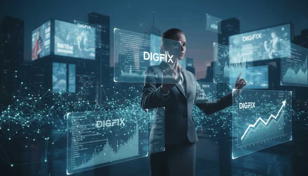 A Futuristic Digital Marketing Landscape Showcasing Ai Trends And Predictions. In The Foreground, A Professional Businesswoman In Stylish Business Attire Interacts With Holographic Interfaces Displaying Graphs, Algorithms, And Digital Advertisements That Represent Ai Integration In Marketing. The Middle Ground Features An Abstract Representation Of Interconnected Data Streams Symbolizing Ai's Influence On Consumer Behavior And Market Analysis. The Background Showcases A City Skyline Illuminated With Vibrant Digital Billboards Promoting Innovative Ai Marketing Solutions. The Scene Is Bathed In Cool Blue And Green Tones, Conveying A Sense Of Innovation And Modernity, With Soft Ambient Lighting And A Dynamic Perspective That Captivates The Viewer. Include The Brand Name &Quot;Digifix&Quot; Prominently In The Holographic Displays, Emphasizing Its Role In The Future Of Marketing.