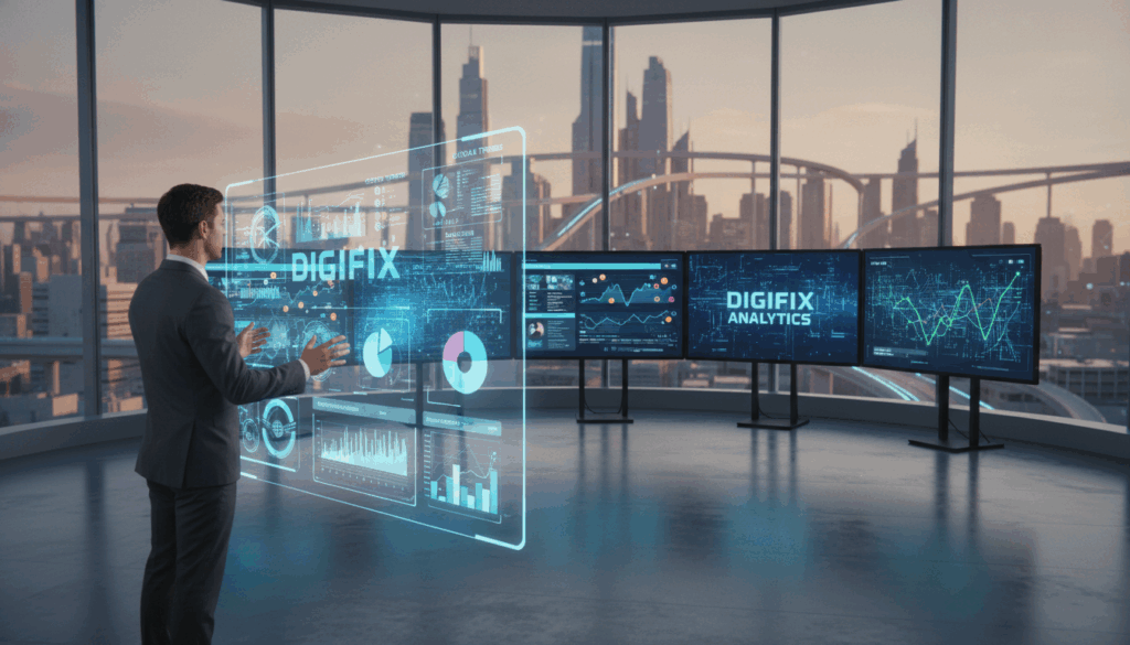 A Futuristic Office Environment Showcasing Advanced Social Media Analytics. In The Foreground, An Analyst In Professional Business Attire Interacts With A Holographic Display Featuring Vibrant Graphs And Data Visualizations. The Middle Ground Displays Multiple Digital Screens With Trending Analytics And Ai Algorithms, Illuminated In Blue And Green Light. The Background Features A City Skyline Through Large Windows, Hinting At A Connected World. Soft Ambient Lighting Creates A Bright Yet Focused Atmosphere, Emphasizing Innovation And Professionalism. The Scene Is Shot From A Slightly Elevated Angle, Capturing The Depth Of The Office Space And The Dynamic Nature Of Analytics. Incorporate The Brand Name &Quot;Digifix&Quot; Subtly Within The Design Elements, Embodying Technological Advancement And Progress In Social Media Analytics.