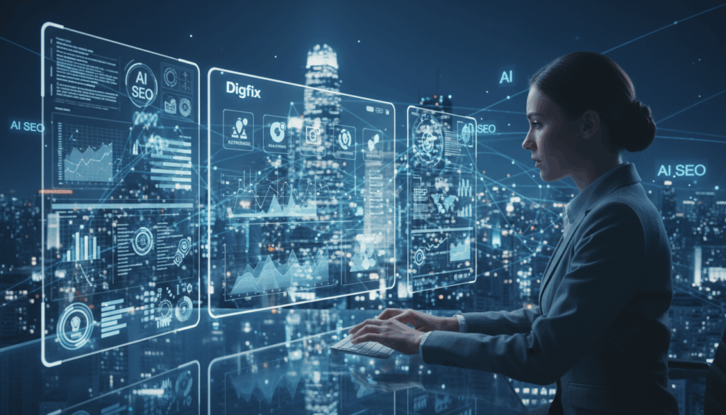 A Futuristic Scene Depicting An Advanced Ai-Driven Seo Tool In Action, Showcasing Digital Graphs And Keyword Analytics On Multiple Screens. In The Foreground, A Sleek, Modern Interface With Glowing Icons Represents Keyword Research And Analytics Functions. In The Middle Ground, A Professional Individual In Business Attire Studies The Data, Their Expression Focused And Analytical. In The Background, A Dynamic City Skyline Hints At The Digital Age, With Interconnected Networks Symbolizing The Vast Online Landscape. The Lighting Is Bright And High-Tech, Casting A Blue Hue Reminiscent Of Technology And Innovation. Hovering Holograms Of Keywords And Search Queries Create An Atmosphere Of Advancement And Ambition, Embodying The Future Of Seo Tools. The Brand Name &Quot;Digifix&Quot; Subtly Integrated Into The Interface Design.