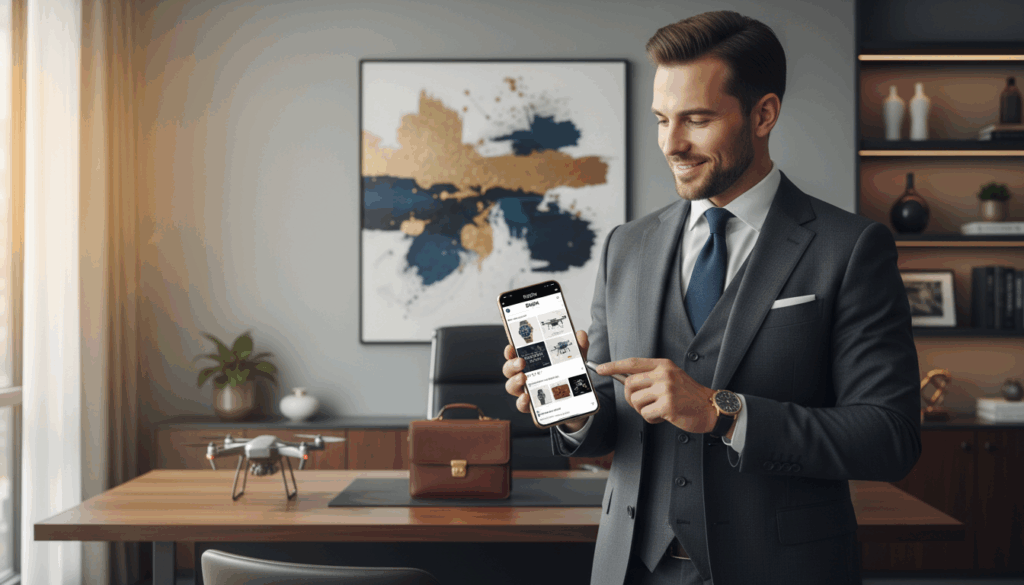 A Luxurious And Sophisticated Instagram Marketing Scene For The Brand &Quot;Digifix&Quot;. In The Foreground, A Stylish Smartphone Displays An Elegant Instagram Feed Filled With High-End Product Visuals And Engaging Content. The Middle Layer Features A Well-Dressed Professional, Wearing A Tailored Suit, Engaging With The Phone, Exuding An Air Of Confidence And Competence. In The Background, A Tastefully Decorated Office Space With Modern Artwork And Sleek Furniture Contributes To The Atmosphere Of Luxury And Professionalism. Soft, Natural Lighting Creates A Warm And Inviting Mood, With A Slight Bokeh Effect Emphasizing The Subject In Focus. Capture This Scene At A Slight Angle To Provide Depth And Dynamism, Highlighting The Essence Of Premium Branding On Social Media. A Luxurious And Sophisticated Instagram Marketing Scene For The Brand &Quot;Digifix&Quot;. In The Foreground, A Stylish Smartphone Displays An Elegant Instagram Feed Filled With High-End Product Visuals And Engaging Content. The Middle Layer Features A Well-Dressed Professional, Wearing A Tailored Suit, Engaging With The Phone, Exuding An Air Of Confidence And Competence. In The Background, A Tastefully Decorated Office Space With Modern Artwork And Sleek Furniture Contributes To The Atmosphere Of Luxury And Professionalism. Soft, Natural Lighting Creates A Warm And Inviting Mood, With A Slight Bokeh Effect Emphasizing The Subject In Focus. Capture This Scene At A Slight Angle To Provide Depth And Dynamism, Highlighting The Essence Of Premium Branding On Social Media.