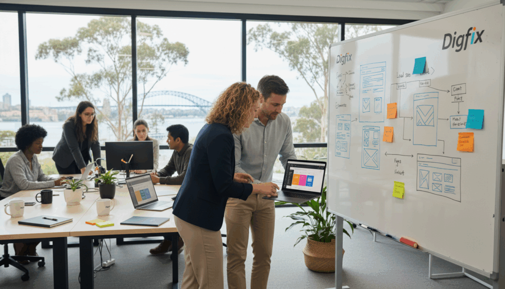 A Modern Australian Office Environment Showcasing A Diverse Group Of Professionals Collaborating On Wordpress Customization For Local Businesses. In The Foreground, A Male And Female Business Partner, Dressed In Smart Casual Attire, Examine A Laptop Displaying A Vibrant, User-Friendly Wordpress Dashboard. The Middle Layer Features A Whiteboard Filled With Design Sketches And Ideas, Alongside Colorful Sticky Notes, Highlighting Their Dynamic Brainstorming Session. The Background Contains A Large Window, Allowing Natural Light To Flood The Room, With A View Of Iconic Australian Architecture And Greenery. The Atmosphere Is Energetic Yet Professional, Reflecting Innovation And Creativity In Cms Solutions. The Branding &Quot;Digifix&Quot; Subtly Incorporated In The Design Elements Around The Workspace. A Modern Australian Office Environment Showcasing A Diverse Group Of Professionals Collaborating On Wordpress Customization For Local Businesses. In The Foreground, A Male And Female Business Partner, Dressed In Smart Casual Attire, Examine A Laptop Displaying A Vibrant, User-Friendly Wordpress Dashboard. The Middle Layer Features A Whiteboard Filled With Design Sketches And Ideas, Alongside Colorful Sticky Notes, Highlighting Their Dynamic Brainstorming Session. The Background Contains A Large Window, Allowing Natural Light To Flood The Room, With A View Of Iconic Australian Architecture And Greenery. The Atmosphere Is Energetic Yet Professional, Reflecting Innovation And Creativity In Cms Solutions. The Branding &Quot;Digifix&Quot; Subtly Incorporated In The Design Elements Around The Workspace.