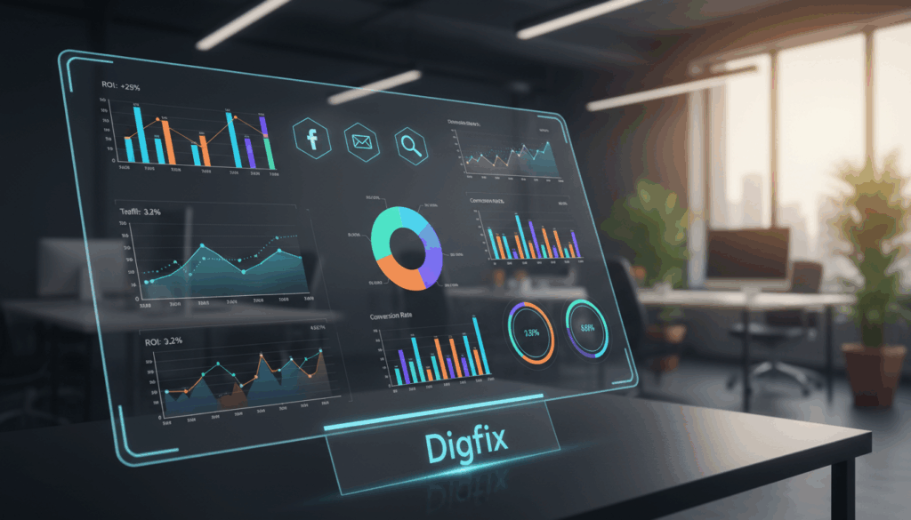 A Modern Analytics Dashboard Showcasing Digital Marketing Metrics, Featuring Dynamic Graphs, Charts, And Kpis Displayed In Vibrant Colors. In The Foreground, An Interactive Touchscreen Interface Displays Real-Time Data Visualizations Such As Line Charts, Pie Graphs, And Bar Charts, All Set Against A Sleek, Dark-Themed Background. The Middle Layer Includes Icons Representing Various Digital Marketing Channels Like Social Media, Seo, And Email Marketing. The Background Features A Blurred Office Scene With A Professional Workspace, Illuminated By Soft, Ambient Lighting To Create A Focused Atmosphere. The Overall Mood Should Be Engaging And High-Tech, Reflecting The Importance Of Data Measurement In Marketing Strategies. Include A Subtle Branding Element With The Name &Quot;Digifix&Quot; Integrated Into The Dashboard Design.