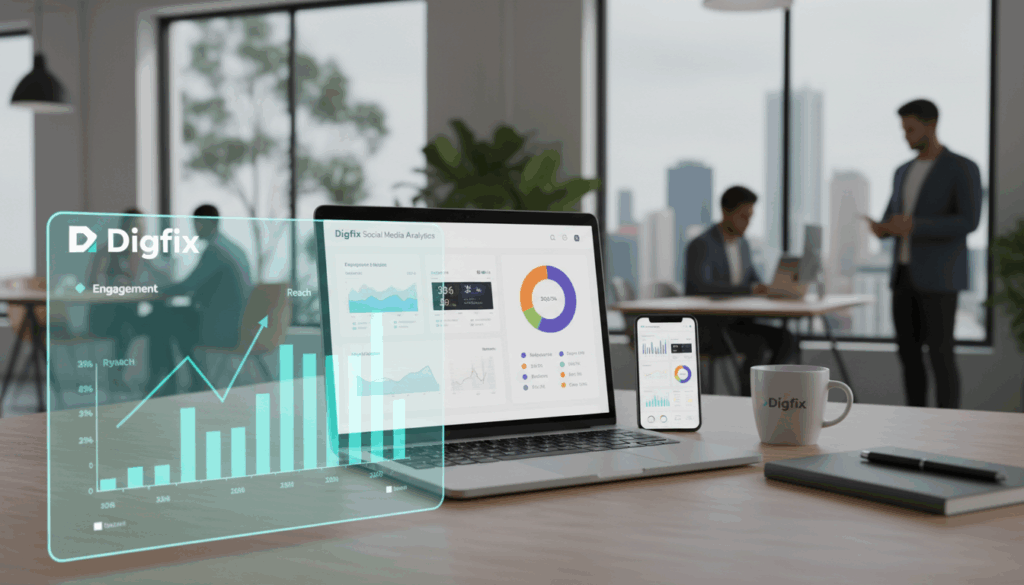 A Modern Analytics Dashboard Showcasing Social Media Metrics Tailored For Australian Businesses, Featuring Interactive Graphs And Data Visualizations In A Sleek, User-Friendly Interface. The Foreground Displays Vibrant Charts With Trending Lines, Bar Graphs, And Pie Charts, Focusing On Metrics Like Engagement, Reach, And Audience Demographics. In The Middle Ground, A Professional Smartphone And Laptop Are Positioned, Displaying The Dashboards, While A Stylish Coffee Cup And Notebook Add To The Workspace Ambiance. The Background Reveals A Bright Office Setting With Natural Light Streaming In Through Large Windows, Creating A Productive Atmosphere. Use Soft, Diffused Lighting To Enhance The Scene's Clarity. Incorporate The Brand Name &Quot;Digifix&Quot; Subtly Within The Design Elements, Ensuring It Harmonizes With The Overall Look. The Mood Should Be Dynamic And Inspiring, Reflecting A Tech-Savvy Business Environment.