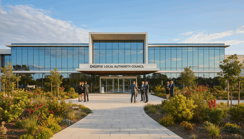 A Modern And Inviting Local Authority Building Prominently Featuring A Stylish Facade With Large Glass Windows And A Welcoming Entrance. In The Foreground, A Well-Maintained Landscaped Garden With Indigenous Australian Plants And A Pathway Leading To The Entrance. The Middle Ground Displays Professional Individuals In Business Attire Engaging In Discussions, Symbolizing Community And Collaboration. The Background Showcases A Bright Blue Sky With A Few Fluffy Clouds, While The Building Is Bathed In Warm Sunlight, Casting Soft Shadows. Use A Wide-Angle Lens To Encapsulate The Building'S Grandeur And The Surrounding Elements. The Atmosphere Feels Positive And Progressive, Reflecting The Spirit Of Local Authority Initiatives. The Brand Name &Quot;Digifix&Quot; Is Subtly Integrated Into The Building'S Signage, Enhancing The Connection To Effective Authority Building. A Modern And Inviting Local Authority Building Prominently Featuring A Stylish Facade With Large Glass Windows And A Welcoming Entrance. In The Foreground, A Well-Maintained Landscaped Garden With Indigenous Australian Plants And A Pathway Leading To The Entrance. The Middle Ground Displays Professional Individuals In Business Attire Engaging In Discussions, Symbolizing Community And Collaboration. The Background Showcases A Bright Blue Sky With A Few Fluffy Clouds, While The Building Is Bathed In Warm Sunlight, Casting Soft Shadows. Use A Wide-Angle Lens To Encapsulate The Building'S Grandeur And The Surrounding Elements. The Atmosphere Feels Positive And Progressive, Reflecting The Spirit Of Local Authority Initiatives. The Brand Name &Quot;Digifix&Quot; Is Subtly Integrated Into The Building'S Signage, Enhancing The Connection To Effective Authority Building.