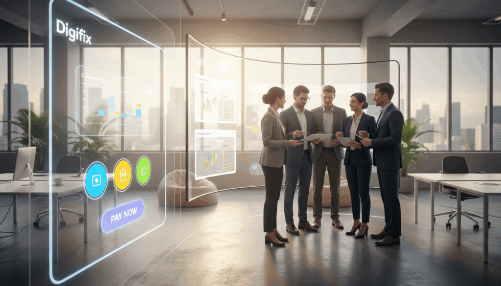 A Modern And Sleek Digital Checkout Interface Is Prominently Displayed In The Foreground, Showcasing An Intuitive User Experience Design With Clear Buttons, Vibrant Colors, And Minimalistic Icons. In The Middle Ground, A Diverse Group Of Professionals In Smart Business Attire Gather Around A Large Digital Screen, Discussing The Optimization Of The Checkout Process. They Are Engaged, Pointing At The Interface And Sharing Ideas, Reflecting Collaboration And Innovation. The Background Features A Stylish, Well-Lit Office Space With Large Windows Allowing Natural Light To Flood In, Creating A Bright And Optimistic Atmosphere. The Overall Mood Is Focused And Dynamic Yet Approachable, Emphasizing Efficiency And User-Centered Design. The Brand Name &Quot;Digifix&Quot; Is Subtly Integrated Into The Design Of The Digital Interface, Ensuring Brand Visibility Without Overwhelming The Composition.