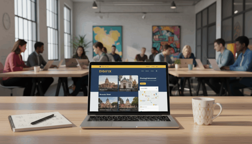 A Modern And Stylish Fitzroy Website Design Displayed On A Sleek Laptop Screen In A Vibrant Workspace. In The Foreground, The Laptop Sits On A Polished Wooden Desk Adorned With A Creative Notepad And A Stylish Coffee Mug. In The Middle, The Website Interface Showcases An Appealing Color Palette With Eye-Catching Visuals Of Local Fitzroy Landmarks, Emphasizing Local Seo Elements Like Google Maps Integration. The Background Features A Bright, Well-Lit Coworking Space Bustling With Professionals In Smart Casual Attire, Creating An Atmosphere Of Creativity And Collaboration. Soft, Natural Lighting Streams In Through Large Windows, Casting Gentle Shadows, And Enhancing The Productive Environment. This Design Reflects The Essence Of &Quot;Digifix,&Quot; A Brand Dedicated To Enhancing Local Business Visibility Through Innovative Web Solutions.