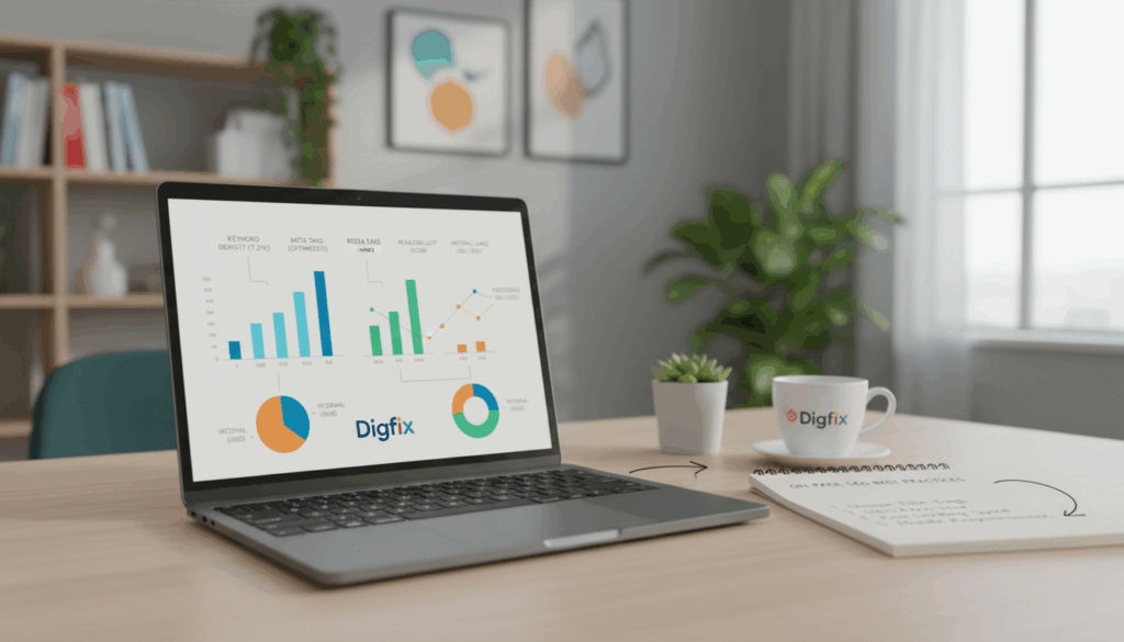 A Modern And Visually Appealing Infographic Representing &Quot;On-Page Optimization Metrics&Quot; For Seo Analysis. In The Foreground, A Sleek Laptop Displays Colorful Graphs And Charts On Its Screen, Showcasing Various Metrics Like Keyword Density, Meta Tags, And Content Readability. In The Middle, A Notepad Lies Open With Neatly Organized Notes About On-Page Seo Best Practices. The Background Features A Soft-Focus Office Environment With Blurred Shelves And Plants, Enhancing The Professionalism Of The Scene. Bright, Natural Lighting Illuminates The Workspace, Creating A Productive Ambiance. Shot With A 35Mm Lens To Emphasize Clarity And Detail, The Mood Is Focused And Engaging, Perfect For Illustrating Roi Analysis In A Sophisticated Seo Campaign By Digifix.
