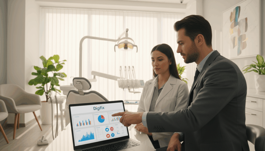 A Modern Dental Clinic Office, Showcasing A Sleek And Professional Environment, With A Dentist And Marketing Consultant In Business Attire Discussing A Digital Marketing Strategy. In The Foreground, A Laptop Displays Vibrant Analytics And Social Media Dashboards, Symbolizing Digital Transformation. The Middle Of The Scene Includes Dental Equipment And A Bright, Welcoming Reception Area With Plants And Artwork. The Background Features Large Windows With Sunlight Streaming In, Creating An Inviting Atmosphere. Soft, Natural Lighting Enhances The Professional Mood. The Branding &Quot;Digifix&Quot; Appears Prominently On The Laptop Screen. Use A Shallow Depth Of Field To Focus On The Interaction While Subtly Blurring The Background. The Composition Should Convey A Sense Of Innovation And Teamwork In The Healthcare Marketing Space.