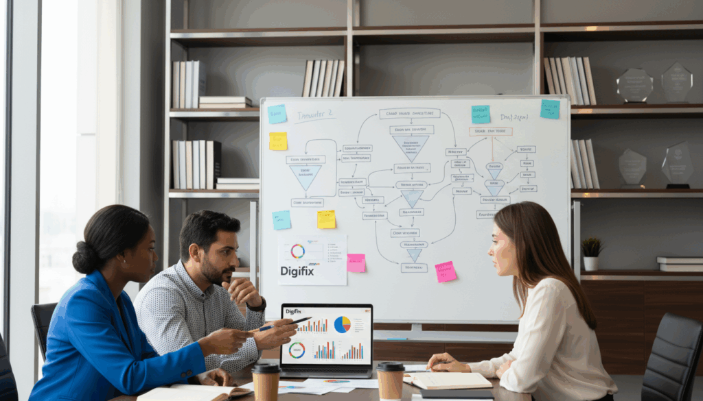 A Modern Digital Marketing Office Scene Focused On B2B Lead Generation Strategy. In The Foreground, A Diverse Group Of Three Professionals (A Black Woman, A Hispanic Man, And A Caucasian Woman) In Smart Business Attire Are Engaged In A Brainstorming Session, Analyzing Colorful Graphs And Charts On A Laptop. The Middle Ground Features A Large Whiteboard Covered With Diagrams Of Marketing Automation Strategies And Lead Nurturing Workflows, Highlighted By Sticky Notes. The Background Contains Sleek Shelving Filled With Industry Books And Awards Showcasing Success. Bright, Ambient Lighting Fills The Room, Reflecting A Productive Atmosphere. The Angle Captures The Dynamic Interaction, Emphasizing Teamwork. Add The Brand Name &Quot;Digifix&Quot; Subtly On The Laptop Screen. The Overall Mood Is Focused And Inspiring, Showcasing Innovation In B2B Lead Generation. A Modern Digital Marketing Office Scene Focused On B2B Lead Generation Strategy. In The Foreground, A Diverse Group Of Three Professionals (A Black Woman, A Hispanic Man, And A Caucasian Woman) In Smart Business Attire Are Engaged In A Brainstorming Session, Analyzing Colorful Graphs And Charts On A Laptop. The Middle Ground Features A Large Whiteboard Covered With Diagrams Of Marketing Automation Strategies And Lead Nurturing Workflows, Highlighted By Sticky Notes. The Background Contains Sleek Shelving Filled With Industry Books And Awards Showcasing Success. Bright, Ambient Lighting Fills The Room, Reflecting A Productive Atmosphere. The Angle Captures The Dynamic Interaction, Emphasizing Teamwork. Add The Brand Name &Quot;Digifix&Quot; Subtly On The Laptop Screen. The Overall Mood Is Focused And Inspiring, Showcasing Innovation In B2B Lead Generation.