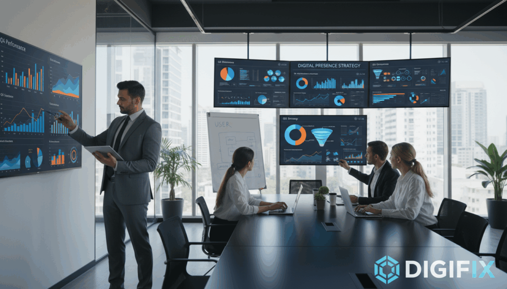 A Modern Digital Marketing Office Space, Showcasing A Detailed Digital Presence Strategy Visually Represented Through Various Graphs And Analytics On Multiple Large Screens. In The Foreground, A Confident Business Professional In Smart Attire Analyzes Performance Metrics On A Tablet, Radiating Focus And Determination. In The Middle Ground, Colleagues Collaborate Around A Sleek Conference Table With Digital Devices Displaying Charts, Emphasizing Teamwork And Innovation. The Background Features Large Windows With A Cityscape View, Letting In Natural Light That Creates A Bright And Optimistic Atmosphere. The Overall Mood Is One Of Professionalism, Productivity, And Success. Prominently Displayed In A Modern Design, The Digifix Logo Subtly Integrates Into The Office Environment, Symbolizing Cutting-Edge Digital Solutions.