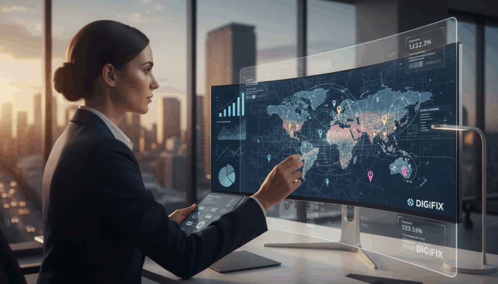 A Modern Digital Marketing Workspace, Showcasing A Sleek Computer Setup Displaying A Colorful Map With Geo-Targeting Markers And Analytics. Foreground Features An Intelligent Business Professional In Smart Attire, Deeply Engaged In Strategy, With Screens In The Background Showing Detailed Charts And Graphs. Middle Ground Includes A Large Map Highlighting Targeted Local Areas, Accented With Vibrant Pins And Digital Overlays Representing Local Demographics. The Background Reveals A Stylish Office Environment With Reflections Of City Life Through Large Windows, Illuminated By Warm, Natural Light. Capture A Professional Atmosphere That Reflects Innovation And Connectivity, Emphasizing The Theme Of Local Search Dominance. Incorporate The Brand Name &Quot;Digifix&Quot; Subtly Within The Design Elements.