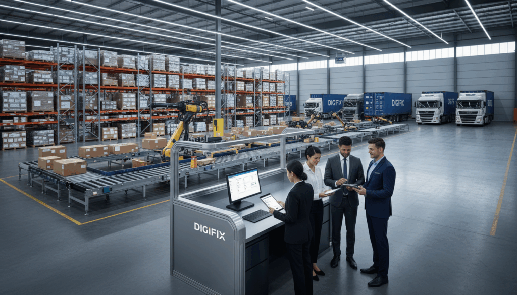 A Modern E-Commerce Fulfillment Center In Australia, Showcasing A Dynamic Shipping Environment. In The Foreground, A Diverse Team Of Professionals In Smart Business Attire Collaborates Around A High-Tech Logistics Workstation, Reviewing Shipping Orders On Digital Tablets. The Middle Ground Features Rows Of Shelves Filled With Neatly Packaged Products Ready For Dispatch, Alongside Automated Sorting Machinery. The Background Includes Large Shipping Containers, Trucks Ready For Loading, And An Expansive View Of The Warehouse Equipped With Bright, Energy-Efficient Lighting. The Scene Is Captured With A Wide-Angle Lens, Emphasizing Spaciousness And Efficiency, Creating A Mood Of Industry And Innovation. Include The Brand Name &Quot;Digifix&Quot; Subtly Integrated Into The Design Of The Workspace, Enhancing The Professional Atmosphere Without Overshadowing The Main Elements. A Modern E-Commerce Fulfillment Center In Australia, Showcasing A Dynamic Shipping Environment. In The Foreground, A Diverse Team Of Professionals In Smart Business Attire Collaborates Around A High-Tech Logistics Workstation, Reviewing Shipping Orders On Digital Tablets. The Middle Ground Features Rows Of Shelves Filled With Neatly Packaged Products Ready For Dispatch, Alongside Automated Sorting Machinery. The Background Includes Large Shipping Containers, Trucks Ready For Loading, And An Expansive View Of The Warehouse Equipped With Bright, Energy-Efficient Lighting. The Scene Is Captured With A Wide-Angle Lens, Emphasizing Spaciousness And Efficiency, Creating A Mood Of Industry And Innovation. Include The Brand Name &Quot;Digifix&Quot; Subtly Integrated Into The Design Of The Workspace, Enhancing The Professional Atmosphere Without Overshadowing The Main Elements.