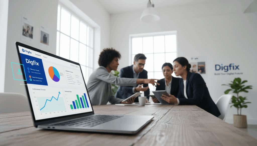 A Modern E-Commerce Website Builder Interface Showcasing Digital Analytics And Performance Tracking Features. In The Foreground, A Sleek Laptop Displays Colorful Graphs And Charts, Representing Key Performance Indicators And User Engagement Statistics. In The Middle, A Diverse Group Of Professionals In Business Attire, Including Both Men And Women, Collaborate And Analyze Data Together, Showcasing Teamwork. The Background Features A Bright, Open Office Space With Minimalist Decor, Large Windows Letting In Natural Light, And A Subtle Hint Of Digital Marketing Materials Like Product Photos And Branding For “Digifix”. The Atmosphere Is Focused And Productive, Conveying A Sense Of Innovation And Teamwork. The Image Captures A Low Angle Perspective, Emphasizing The Dynamic Interaction Around The Laptop, With A Soft Focus On The Office Environment. A Modern E-Commerce Website Builder Interface Showcasing Digital Analytics And Performance Tracking Features. In The Foreground, A Sleek Laptop Displays Colorful Graphs And Charts, Representing Key Performance Indicators And User Engagement Statistics. In The Middle, A Diverse Group Of Professionals In Business Attire, Including Both Men And Women, Collaborate And Analyze Data Together, Showcasing Teamwork. The Background Features A Bright, Open Office Space With Minimalist Decor, Large Windows Letting In Natural Light, And A Subtle Hint Of Digital Marketing Materials Like Product Photos And Branding For “Digifix”. The Atmosphere Is Focused And Productive, Conveying A Sense Of Innovation And Teamwork. The Image Captures A Low Angle Perspective, Emphasizing The Dynamic Interaction Around The Laptop, With A Soft Focus On The Office Environment.