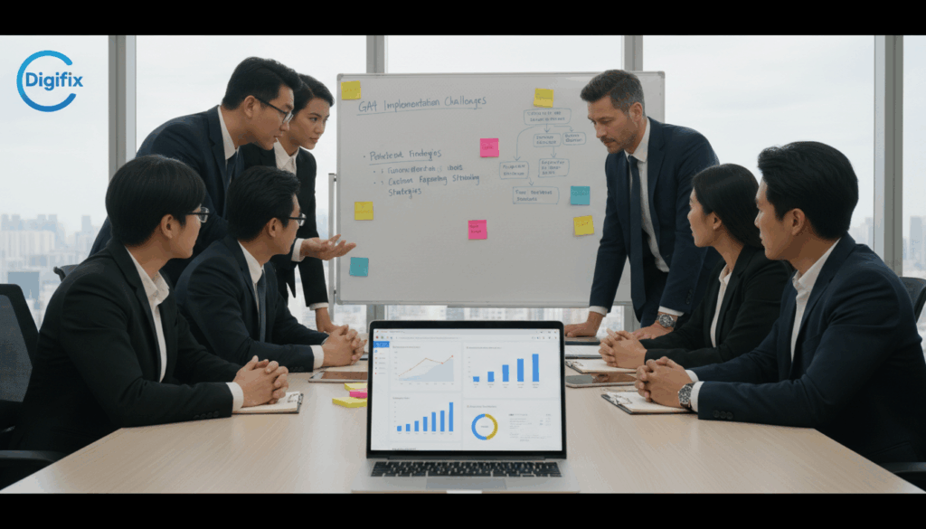 A Modern Office Environment, Focused On A Team Of Diverse Professionals In Business Attire, Gathered Around A Sleek Conference Table. In The Foreground, A Laptop Displays Google Analytics 4 With Graphs And Charts, While Team Members Engage In Discussion, Showing Expressions Of Concentration And Determination. In The Middle Ground, A Whiteboard Features Complex Workflows And Notes About Technical Challenges Faced During Ga4 Implementation, Enhanced With Colorful Post-It Notes. The Background Reveals City Skyline Through Large Windows, Suggesting A Busy Work Atmosphere. Soft, Natural Lighting Filters In, Creating A Collaborative And Innovative Mood. The Image Should Encapsulate The Concept Of Overcoming Obstacles In Technical Setups And Strategizing For Effective Custom Reporting. The Digifix Logo Is Subtly Integrated Into The Scene, Reinforcing The Focus On Digital Solutions.