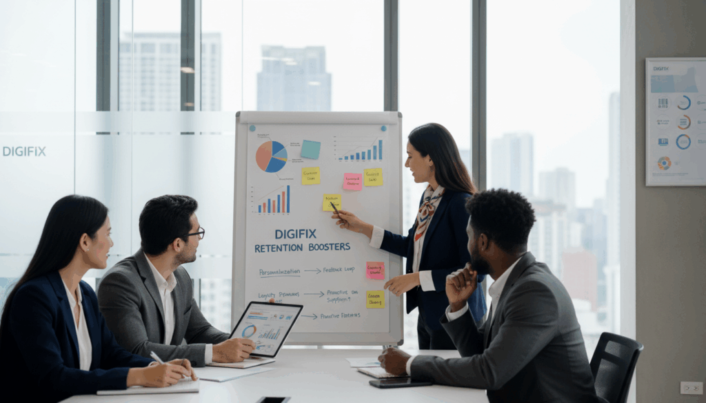 A Modern Office Environment Illustrating Effective Customer Retention Strategies, Focusing On A Diverse Group Of Four Professional Individuals Engaging In A Strategy Session. In The Foreground, A Confident Woman In Business Attire Points At A Digital Tablet Displaying Customer Analytics, While A Man In Glasses Takes Notes. The Middle Ground Features A Whiteboard With Colorful Charts, Graphs, And Post-It Notes Highlighting Key Retention Tactics. The Background Showcases A Stylish Office With Large Windows Allowing Natural Light To Flood In, Creating A Vibrant Atmosphere. Use A Shallow Depth Of Field To Keep The Focus Sharp On The Group And Their Discussions. The Mood Is Collaborative And Energetic, Emphasizing The Importance Of Teamwork In Enhancing Customer Loyalty. Incorporate The Brand Name &Quot;Digifix&Quot; Subtly Within The Office D&eacute;cor.