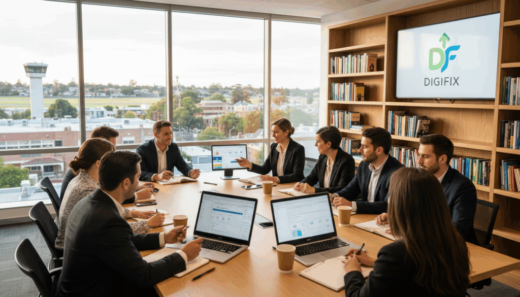 A Modern Office Environment In Essendon Focused On Local Seo Strategies. In The Foreground, A Diverse Group Of Professionals In Smart Business Attire Are Gathered Around A Large Table, Analyzing Charts And Digital Screens Displaying Search Engine Rankings And Analytics. In The Middle Ground, A Large Window Showcases A Glimpse Of Essendon&rsquo;s Landscape, With Recognizable Local Landmarks In View, Bathed In Warm Sunlight. The Background Features A Bookshelf Filled With Marketing Books And A Digital Display Showcasing The &ldquo;Digifix&rdquo; Brand Logo. The Atmosphere Is Collaborative And Focused, With A Sense Of Innovation And Growth. The Lighting Is Bright, Highlighting The Details In The Scene, While A Shallow Depth Of Field Blurs The Background Slightly To Emphasize The Professionals Engaged In Conversation And Planning.
