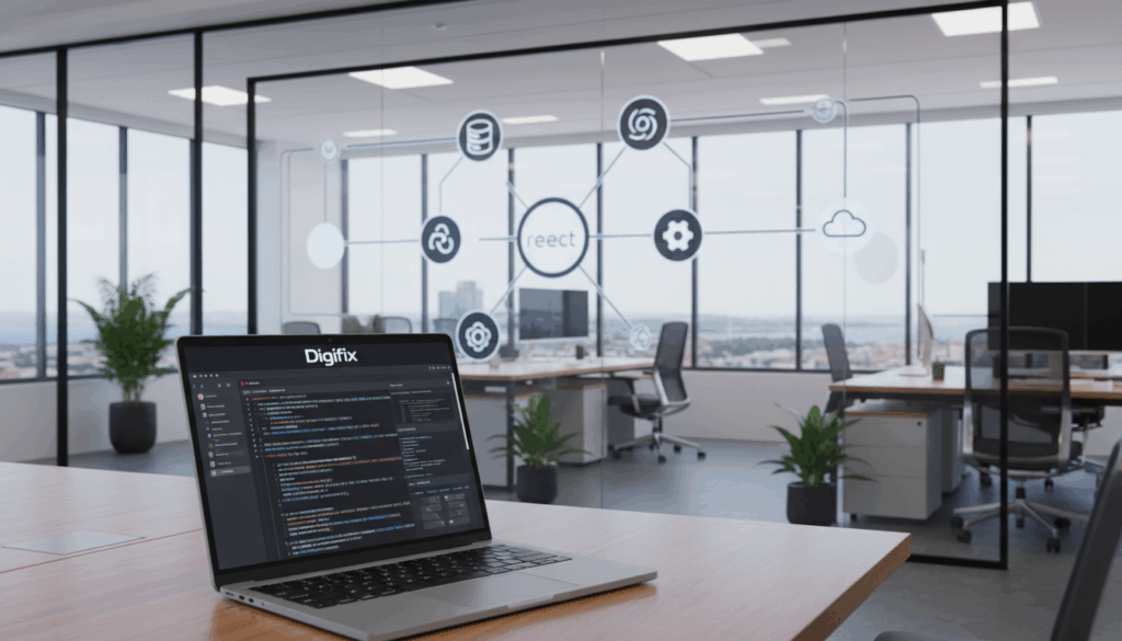 A Modern Office Environment Representing &Quot;Port Melbourne Web Solutions,&Quot; Showcasing A Technology Stack. In The Foreground, A Sleek Laptop Displays Intricate Code Snippets And Design Layouts, With The Brand Name &Quot;Digifix&Quot; Visible On The Screen. In The Middle Ground, An Interactive Digital Interface With Various Technology Icons, Like Databases, Programming Languages, And Cloud Services, Flows Seamlessly. The Background Features A Contemporary Workspace With Large Windows Allowing Natural Light To Illuminate The Scene, Creating A Bright And Inspiring Atmosphere. The Perspective Is From A Slightly Elevated Angle, Providing A Comprehensive View Of The Workspace, With A Focus On Professionalism And Innovation. The Mood Is Dynamic And Energetic, Embodying Creativity And The Future Of Web Development.