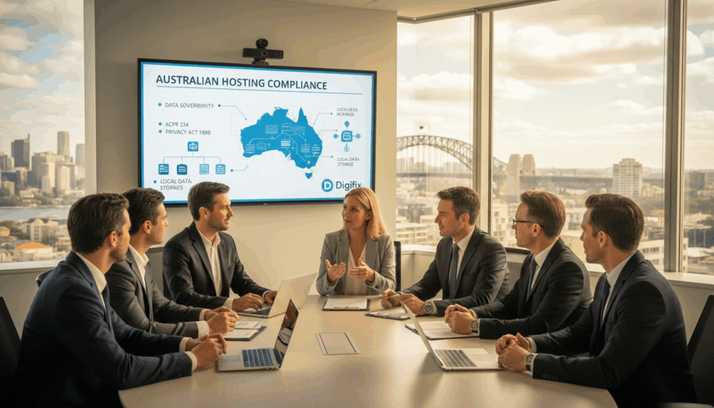 A Modern Office Environment Showcasing Australian Hosting Compliance, With A Polished Conference Room In The Foreground Featuring A Diverse Group Of Professionals In Business Attire Engaged In Discussion. The Middle Ground Includes A Digital Whiteboard Displaying Hosting Compliance Documents And Infographics Related To Australian Regulations, Emphasizing The Importance Of Data Sovereignty. The Background Features Large Windows Revealing A Scenic View Of The Australian Skyline, Symbolizing A Tech-Savvy Landscape. Soft, Natural Lighting Floods The Space, Creating A Warm And Inviting Atmosphere, With A Camera Angle Capturing The Interaction From A Slight Elevation, Enhancing The Sense Of Collaboration. A Discreet Logo For &Quot;Digifix&Quot; Appears On The Whiteboard, Reinforcing Professionalism Without Detracting From The Main Visual Elements. A Modern Office Environment Showcasing Australian Hosting Compliance, With A Polished Conference Room In The Foreground Featuring A Diverse Group Of Professionals In Business Attire Engaged In Discussion. The Middle Ground Includes A Digital Whiteboard Displaying Hosting Compliance Documents And Infographics Related To Australian Regulations, Emphasizing The Importance Of Data Sovereignty. The Background Features Large Windows Revealing A Scenic View Of The Australian Skyline, Symbolizing A Tech-Savvy Landscape. Soft, Natural Lighting Floods The Space, Creating A Warm And Inviting Atmosphere, With A Camera Angle Capturing The Interaction From A Slight Elevation, Enhancing The Sense Of Collaboration. A Discreet Logo For &Quot;Digifix&Quot; Appears On The Whiteboard, Reinforcing Professionalism Without Detracting From The Main Visual Elements.