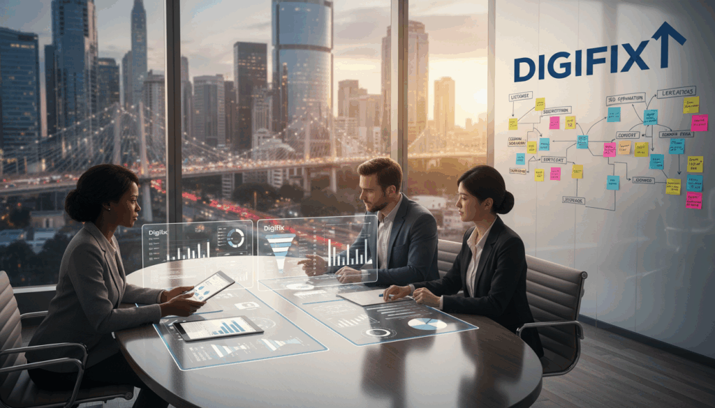 A Modern Office Environment Showcasing B2B Marketing Strategies In Action. In The Foreground, A Diverse Group Of Three Professionals In Business Attire Collaborate Around A Sleek Conference Table, Analyzing Charts And Digital Screens Displaying Lead Generation Statistics. In The Middle Ground, A Large Window Reveals A Bustling Cityscape, Symbolizing Connectivity And Growth. The Background Features A Whiteboard Filled With Colorful Post-It Notes And Strategic Diagrams Outlining Lessons Learned And Adjustments Made. Soft, Natural Lighting Floods The Scene, Creating A Warm And Productive Atmosphere. The Image Emphasizes Teamwork And Innovation In A Digital Age, Seamlessly Integrating The Brand Name &Quot;Digifix&Quot; Into The Visual Narrative.
