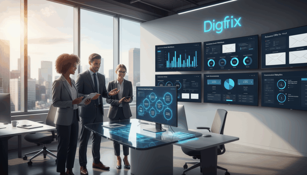 A Modern Office Environment Showcasing &Quot;Digifix&Quot; At The Forefront Of Email Marketing Automation. In The Foreground, A Diverse Group Of Three Professionals In Business Attire Collaborates Around A Sleek, Futuristic Computer Interface Displaying Automated Email Workflows And Analytics. In The Middle Ground, Multiple Screens Highlight Data Charts And Email Templates, Illustrating The Complexity And Effectiveness Of Automated Campaigns. The Background Features A Large Window With A City Skyline, Allowing Natural Light To Flood The Space, Creating A Bright And Inspiring Atmosphere. The Scene Conveys Productivity And Innovation, With A Focus On Teamwork And Modern Technology. Use A Wide-Angle Lens To Capture The Vibrant Details And Dynamic Interaction Among The Professionals, Emphasizing The Positive Impact Of Email Marketing In Lead Generation.