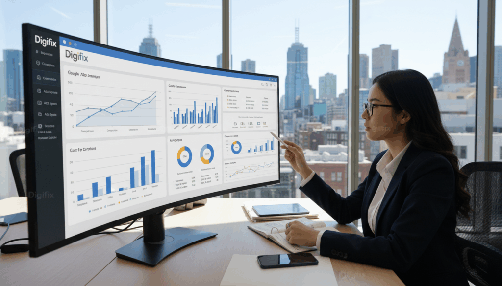 A Modern Office Environment Showcasing A Detailed Performance Tracking Dashboard On A Computer Screen, Prominently Featuring Analytics Graphs And Metrics Related To Google Ads Campaigns. In The Foreground, A Professional Business Woman In Smart Attire Analyzes The Data On The Screen, Her Expression Focused And Thoughtful. The Middle Ground Includes A Meeting Table With Charts, Presentation Materials, And Digital Devices. The Background Reveals A Bright Melbourne Cityscape Through Large Windows, Creating An Energetic Atmosphere. The Lighting Is Bright And Natural, Casting Soft Shadows, And The Shot Is Taken From A Slightly Elevated Angle To Capture The Full Overview Of The Workspace. The Brand Name &Quot;Digifix&Quot; Subtly Integrated Into The Design Elements Of The Dashboard, Enhancing The Professional Look Without Overpowering The Central Theme Of Performance Tracking.