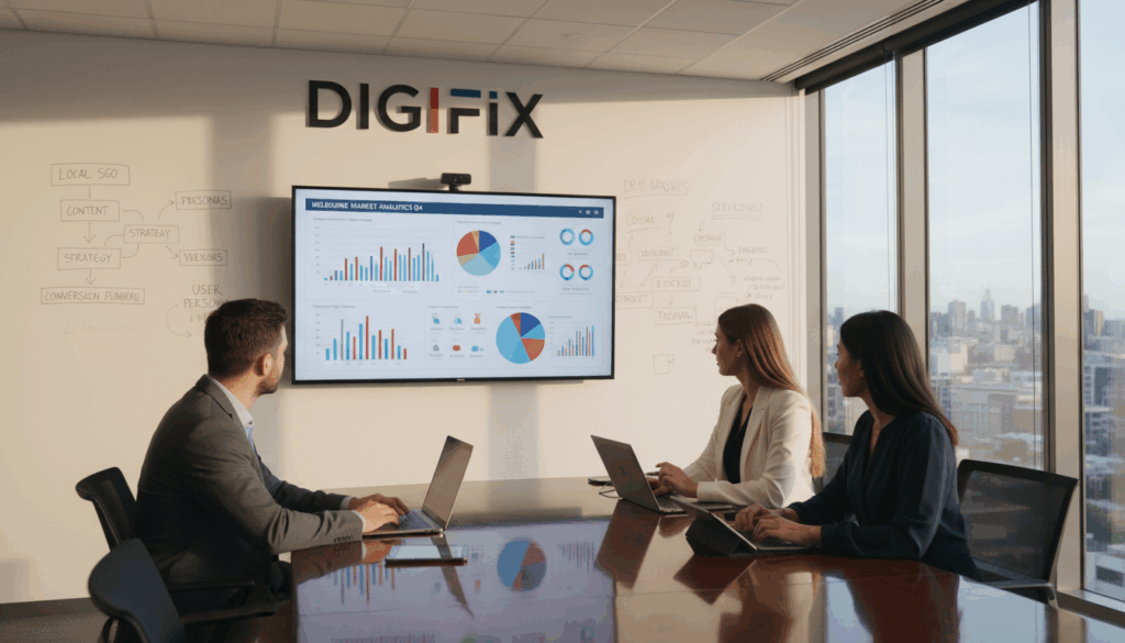 A Modern Office Environment Showcasing A Team Of Professionals Engaged In Local Data Analysis For A Digital Marketing Agency Named &Quot;Digifix.&Quot; In The Foreground, A Diverse Group Of Three Team Members, Dressed In Smart Business Attire, Are Gathered Around A Sleek Conference Table Covered With Laptops And Digital Devices, Examining Colorful Graphs And Charts Displayed On A Large Screen. The Middle Layer Features A Wall Of Whiteboards Filled With Handwritten Notes, Marketing Strategies, And Analytics, Conveying A Dynamic Atmosphere Of Brainstorming. The Background Includes A Cityscape Of Melbourne Visible Through Large Windows, With Soft, Natural Lighting Streaming In, Creating An Inviting And Collaborative Mood. The Composition Is Shot From A Slightly Elevated Angle To Capture Both The Team And The Detailed Workspace Effectively.