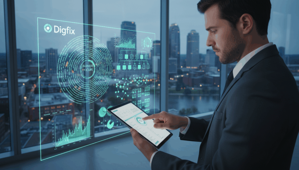 A Modern Office Environment Showcasing The Concept Of &Quot;Voice Search Optimisation&Quot;. In The Foreground, A Professional Consultant In Smart Business Attire, Closely Analyzing Voice Command Data On A Sleek Tablet, With A Look Of Concentration. The Middle Ground Features A Digital Display Board Showing Voice Search Analytics, Keywords, And Interaction Patterns, Illuminated By Soft Led Lighting. In The Background, Large Windows Provide A View Of Richmond&rsquo;s Skyline, Symbolizing Local Businesses. The Atmosphere Is Dynamic And Focused, With A Color Palette Of Calming Blues And Greens To Convey Professionalism And Innovation. The Branding &Quot;Digifix&Quot; Subtly Incorporated Within The Analytics Display, Without Any Text Overlays Or Distractions. The Composition Is Framed To Emphasize Clarity And Engagement, Using A Slight Angle To Add Depth And Interest.