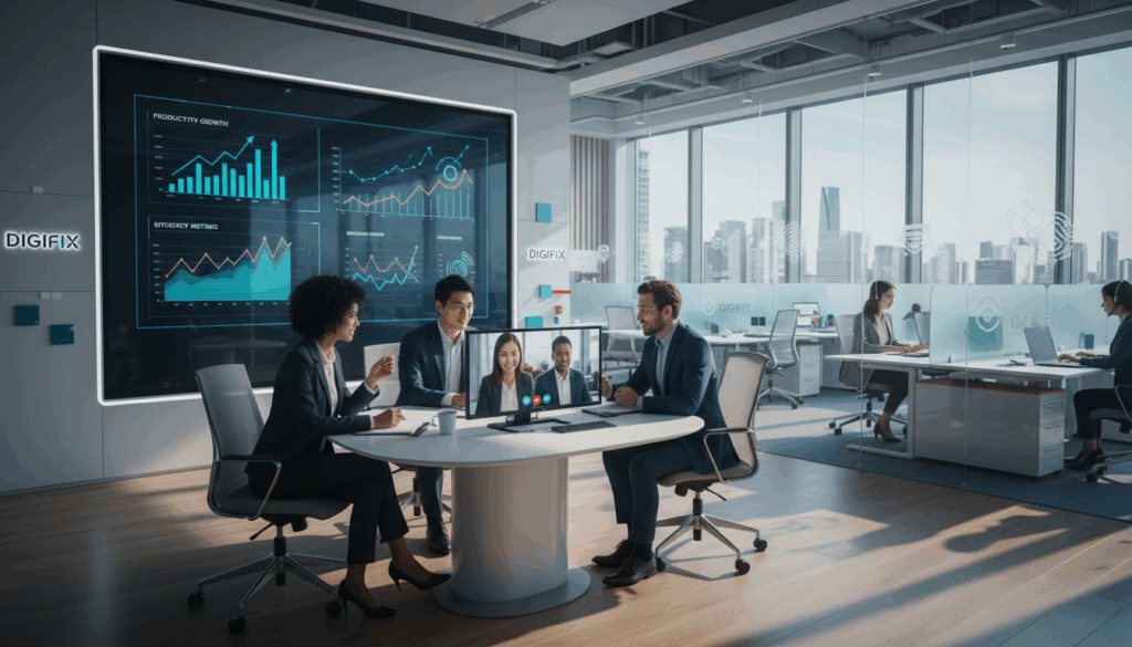 A Modern Office Environment Showcasing Unified Communications And Productivity Gains. In The Foreground, A Diverse Group Of Three Professionals&mdash;Two Men And One Woman&mdash;Dressed In Smart Business Attire, Engage In A Video Conference On A Sleek Monitor, Their Expressions Focused And Collaborative. In The Middle Ground, A Large Digital Screen Displays Graphs And Charts Illustrating Productivity Metrics, Emphasizing Growth And Efficiency. The Background Features A Bright And Airy Office Space With Large Windows, Allowing Natural Light To Flood In, Casting Soft Shadows. The Overall Atmosphere Is Vibrant And Dynamic, Capturing The Essence Of Teamwork And Modern Technology. Use A Wide-Angle Lens To Capture Depth, Highlighting Both Individual Interactions And The Collaborative Environment. Incorporate The Brand Name &Quot;Digifix&Quot; Subtly In The Office D&eacute;cor, Emphasizing Innovative Solutions In Communication.