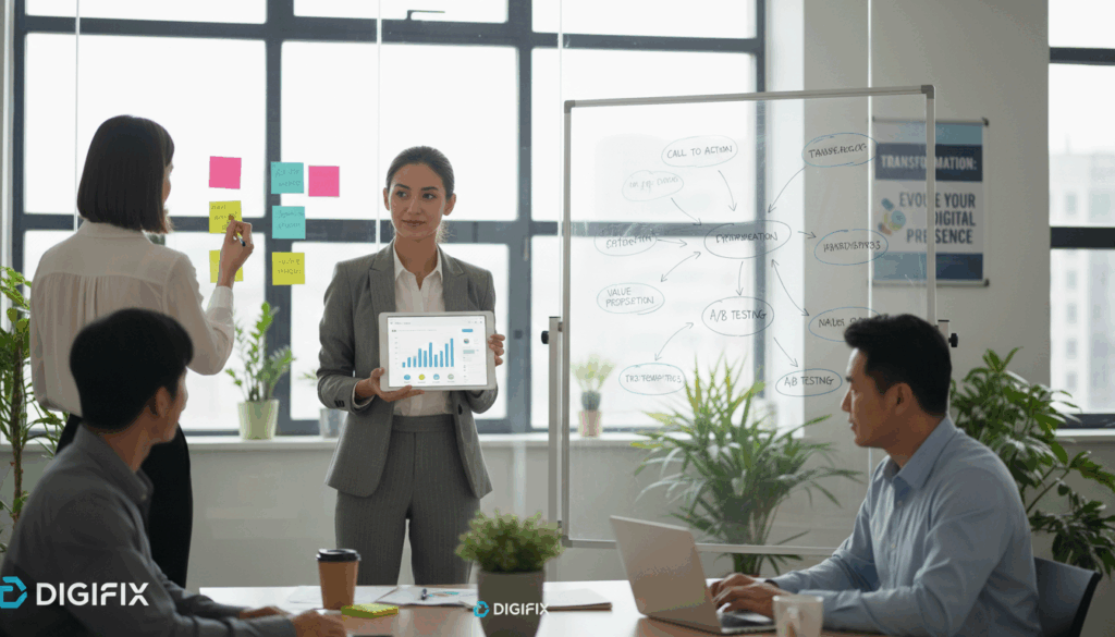A Modern Office Environment Where A Diverse Group Of Professionals Is Engaged In A Brainstorming Session About Landing Page Optimization. In The Foreground, A Confident Woman In Business Attire Presents A Digital Tablet Featuring Charts And Engaging Content. To Her Right, A Focused Man Analyzes Data On A Laptop, While A Woman On The Left Jots Down Ideas On Sticky Notes. In The Middle, A Large Whiteboard Displays Colorful Mind Maps And Strategies For Compelling Messaging. The Background Shows A Bright, Expansive Office Filled With Natural Light Pouring Through Large Windows, Plants For A Touch Of Greenery, And A Motivational Poster Highlighting The Concept Of Transformation. The Overall Atmosphere Is Dynamic And Collaborative, Emphasizing Innovation And Creativity. The Brand &Quot;Digifix&Quot; Is Subtly Integrated Into The Decor. A Modern Office Environment Where A Diverse Group Of Professionals Is Engaged In A Brainstorming Session About Landing Page Optimization. In The Foreground, A Confident Woman In Business Attire Presents A Digital Tablet Featuring Charts And Engaging Content. To Her Right, A Focused Man Analyzes Data On A Laptop, While A Woman On The Left Jots Down Ideas On Sticky Notes. In The Middle, A Large Whiteboard Displays Colorful Mind Maps And Strategies For Compelling Messaging. The Background Shows A Bright, Expansive Office Filled With Natural Light Pouring Through Large Windows, Plants For A Touch Of Greenery, And A Motivational Poster Highlighting The Concept Of Transformation. The Overall Atmosphere Is Dynamic And Collaborative, Emphasizing Innovation And Creativity. The Brand &Quot;Digifix&Quot; Is Subtly Integrated Into The Decor.