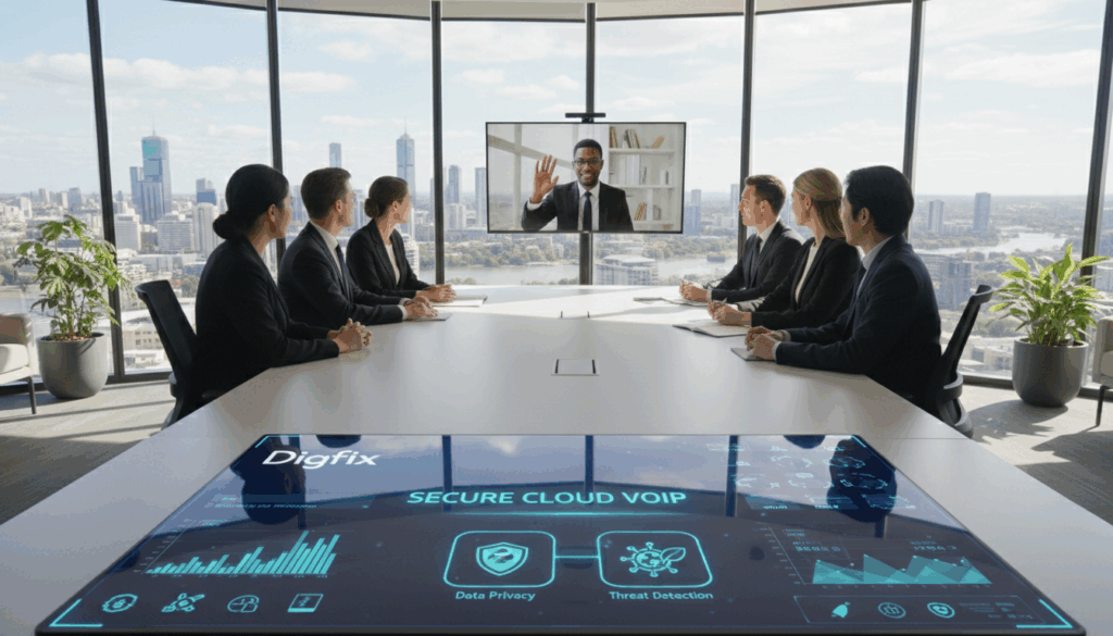 A Modern Office Scene Depicting Advanced Cloud Voip Security Features In The Healthcare Sector, Focusing On A Vibrant Setting At A Brisbane Healthcare Provider. In The Foreground, A Sleek Digital Dashboard Displays Various Security Protocols And Real-Time Analytics, With Icons Representing Encryption And Data Privacy Prominently Featured. The Middle Ground Shows A Diverse Group Of Professionals, Dressed In Business Attire, Engaged In A Video Conference, Emphasizing Communication And Collaboration. The Background Features Large Windows With A View Of Brisbane&rsquo;s Skyline, Bathed In Natural Light, Creating A Fresh And Inviting Atmosphere. Use A Wide-Angle Lens To Capture The Dynamic Space, Highlighting Both Technology And Teamwork. The Overall Mood Is Innovative And Secure, Branded Subtly With The Name &Quot;Digifix&Quot; Integrated Into The Digital Display.
