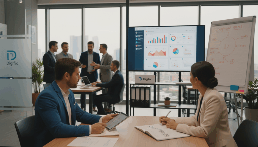 A Modern Office Scene Showcasing A Diverse Group Of Professionals Engaged In A Dynamic Social Media Strategy Meeting. In The Foreground, Two Business Professionals, A Man And A Woman, Are Discussing Strategies With A Digital Tablet, Taking Notes On A Large Notepad. They Are Dressed In Professional Business Attire. In The Middle Ground, A Wall-Mounted Screen Displays Colorful Analytics And Social Media Posts, While A Whiteboard Filled With Brainstorming Notes Sits Nearby. In The Background, A Stylish Office Environment With Large Windows Providing Ample Natural Light Creates A Bright And Inviting Atmosphere. Soft, Warm Lighting Enhances The Collaborative And Innovative Mood. The Overall Scene Conveys A Sense Of Professionalism, Creativity, And Modern Digital Marketing Techniques. Include The Brand &Quot;Digifix&Quot; Subtly Within The Office Decor.