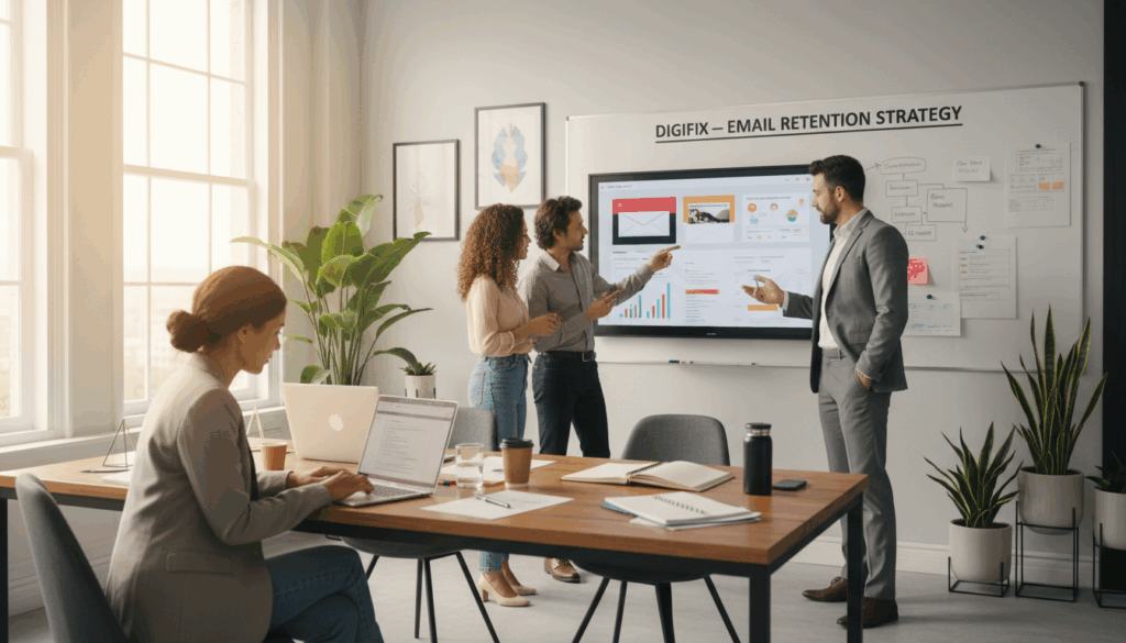 A Modern Office Setting Depicting A Diverse Team Of Professionals Collaborating On An Email Marketing Strategy For Customer Retention. In The Foreground, A Woman In Smart Casual Attire Is Analyzing Data On A Laptop, While A Man In A Business Suit Gestures Towards A Whiteboard Filled With Diagrams And Charts Related To Digifix'S Email Marketing Campaigns. The Middle Ground Showcases A Large Screen With Vibrant Visuals Of Email Templates And Retention Analytics. The Background Features Plants And Modern D&eacute;cor, Creating An Inviting Atmosphere. Soft, Natural Lighting Pours In From Large Windows, Casting A Warm Glow Over The Scene, Enhancing The Focus On Teamwork And Strategy. The Mood Is Proactive And Creative, Inspiring Successful Marketing Efforts.