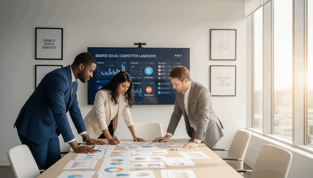 A Modern Office Setting Featuring A Team Of Professionally Dressed Individuals Engaged In A Competitive Analysis Meeting. In The Foreground, A Diverse Group Of Three People&mdash;Two Men And One Woman&mdash;Are Gathered Around A Sleek Conference Table Covered With Charts And Graphs That Illustrate Social Media Metrics. In The Middle Background, A Large Screen Displays Digital Analytics And Competitor Landscapes, Emphasizing The Focus On Social Media Marketing. On The Walls, Framed Inspirational Quotes About Growth And Strategy Can Be Seen. The Lighting Is Bright And Evenly Distributed, Creating A Positive Atmosphere, With Sunlight Filtering Through Large Windows. The Image Conveys Collaboration And Strategy, Emphasizing The Importance Of Identifying Challenges In Social Media Marketing For Local Businesses Like Digifix.