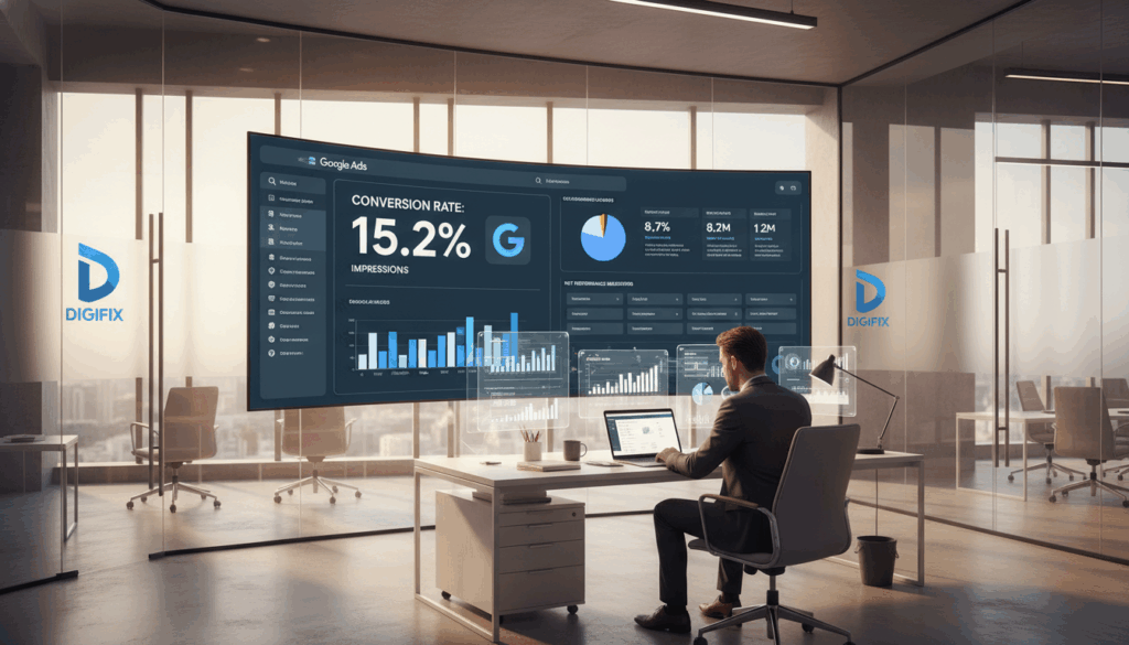 A Modern Office Setting Illustrating Google Ads Conversion Tracking. In The Foreground, A Professional In Business Attire Is Analyzing Data On A Laptop, Surrounded By Charts And Graphs Showcasing Conversion Metrics. The Middle Layer Features A Large Digital Screen Displaying Google Ads Analytics Dashboards, Including Conversion Rates, Click-Through Rates, And Key Performance Indicators. In The Background, The Office Has Contemporary Design Elements, Such As Glass Walls And Sleek Furniture, With Natural Light Streaming In From Large Windows. The Scene Conveys A Focused And Energetic Atmosphere, Highlighting The Importance Of Measurement In Digital Marketing. The Digifix Logo Is Subtly Integrated Into The Workspace Design, Reflecting A Commitment To Effective Advertising Strategies. Soft, Warm Lighting Enhances The Professional Environment, Emphasizing Clarity And Productivity.