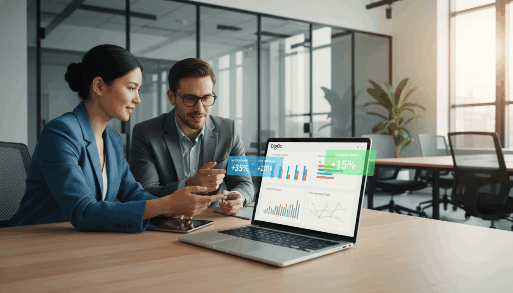 A Modern Office Setting Showcasing A Digital Performance Metrics Dashboard For A Website Refresh Project. In The Foreground, A Sleek Laptop Displays Vibrant Graphs And Statistics, With Highlighted Areas Demonstrating Improved Performance Metrics Such As Loading Speed, User Engagement, And Conversion Rates. The Middle Ground Features A Diverse Team Of Two Professionals In Business Attire, Focused On The Laptop Screen, Collaborating On Strategies. In The Background, A Stylish Office Environment With Glass Walls, Plants, And Modern Furnishings Conveys A Productive Atmosphere. Bright, Natural Light Filters Through Large Windows, Creating An Inviting Mood. The Brand Name &Quot;Digifix&Quot; Appears Subtly Integrated Into The Dashboard Design. An Overall Sense Of Collaboration And Innovation Is Present, Emphasizing The Goals Of The Website Refresh.