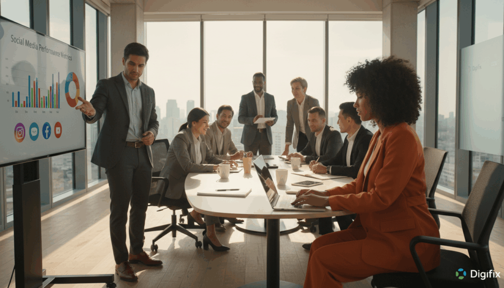 A Modern Office Setting Showcasing A Diverse Group Of Professionals Collaborating On A Social Media Marketing Strategy. In The Foreground, A Young Woman With Curly Hair Wearing Smart Casual Attire Is Typing On A Laptop, While A Man In A Tailored Suit Gestures Towards A Colorful Digital Marketing Chart On A Large Screen. In The Middle Ground, A Brainstorming Session Is Taking Place At A Sleek Conference Table With Notepads And Coffee Cups. The Background Features Large Windows Allowing Natural Light To Flood The Room, Creating A Bright And Inviting Atmosphere. The Overall Mood Is Dynamic And Collaborative, Emphasizing The Energy Of A Bustling Social Agency, With Subtle Branding Elements Reflecting &Quot;Digifix&Quot; Throughout The Workspace. Shot With A Wide-Angle Lens To Capture The Full Scene, The Lighting Is Bright And Warm, Conveying A Sense Of Productivity And Connection. A Modern Office Setting Showcasing A Diverse Group Of Professionals Collaborating On A Social Media Marketing Strategy. In The Foreground, A Young Woman With Curly Hair Wearing Smart Casual Attire Is Typing On A Laptop, While A Man In A Tailored Suit Gestures Towards A Colorful Digital Marketing Chart On A Large Screen. In The Middle Ground, A Brainstorming Session Is Taking Place At A Sleek Conference Table With Notepads And Coffee Cups. The Background Features Large Windows Allowing Natural Light To Flood The Room, Creating A Bright And Inviting Atmosphere. The Overall Mood Is Dynamic And Collaborative, Emphasizing The Energy Of A Bustling Social Agency, With Subtle Branding Elements Reflecting &Quot;Digifix&Quot; Throughout The Workspace. Shot With A Wide-Angle Lens To Capture The Full Scene, The Lighting Is Bright And Warm, Conveying A Sense Of Productivity And Connection.