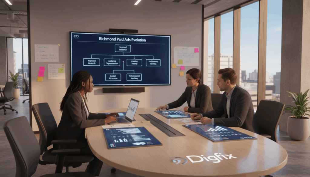 A Modern Office Setting, Showcasing A Vibrant Workspace That Reflects A Long-Term Strategy For Google Ads. In The Foreground, A Diverse Group Of Three Professionals In Smart Business Attire Collaborates Around A Sleek Conference Table Filled With Graphs And Digital Screens Displaying Analytical Data. In The Middle Ground, A Large Wall-Mounted Monitor Exhibits Strategic Marketing Plans, While Sticky Notes And Brainstorming Diagrams Adorn The Walls. The Background Features Large Windows Letting In Natural Light, Illuminating The Space, Enhancing A Sense Of Openness And Clarity. The Atmosphere Is Focused Yet Optimistic, Embodying Innovation And Teamwork As They Evolve Their Richmond Paid Ads Approach. The Digifix Logo Subtly Appears On The Conference Table In A Modern Design.