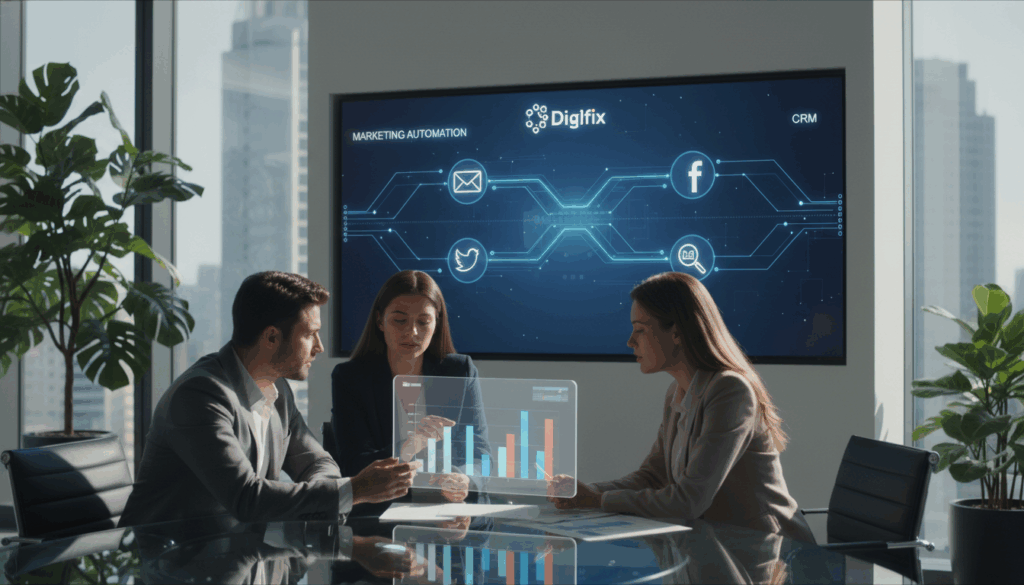 A Modern Office Setting Showcasing Marketing Automation And Crm Concepts. In The Foreground, A Diverse Group Of Three Professionals In Smart Business Attire Are Collaborating Around A Sleek Glass Table, Analyzing Colorful Charts And Graphs On A Digital Tablet. In The Middle Ground, A Large Digital Screen Displays Animated Data Flows And Icons Representing Email Marketing, Social Media, And Analytics Tools&mdash;Symbolizing Automation. The Background Features A Stylish Office Space With Plants And Bright Windows Letting In Natural Light, Creating A Fresh And Innovative Atmosphere. The Overall Mood Is Dynamic And Forward-Thinking, Reflecting The Synergy Of Technology And Business Strategies. The Brand Name &Quot;Digifix&Quot; Is Subtly Integrated Into The Digital Screen As A Logo Element.