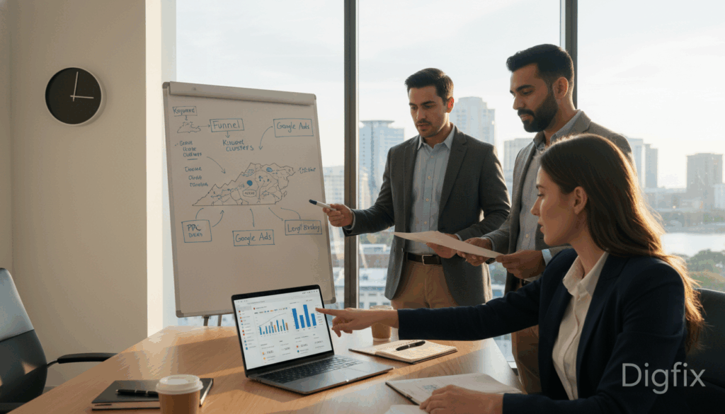 A Modern Office Setting With A Diverse Group Of Three Professionals Engaged In A Strategy Development Meeting Focused On Ppc For A Google Ads Campaign. In The Foreground, A Confident Woman In Smart Business Attire Points To A Detailed Chart On A Laptop Displaying Various Metrics And Graphs. In The Middle, Two Men, One Wearing A Blazer And The Other In Smart Casual Attire, Are Analyzing A Large Whiteboard Filled With Brainstorming Notes And Maps Of Richmond. The Background Shows City Skyline Elements Through A Large Window, Bathed In Warm Natural Light, Enhancing The Collaborative Atmosphere. The Brand Logo &Quot;Digifix&Quot; Is Subtly Integrated Into The Scene. Soft Shadows Add Depth, Creating An Engaging And Productive Mood Conducive To Creative Strategy Discussions.