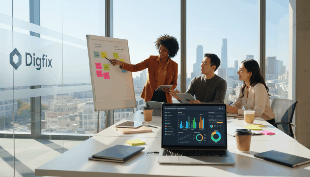 A Modern Office Setting With A Sleek Desk At The Foreground, Featuring A Laptop Open To A Vibrant Social Media Dashboard, Showcasing Graphs And Analytics. In The Middle Ground, A Diverse Team Of Three Professionals—One Black Female, One Asian Male, And One Hispanic Female—Are Engaged In A Brainstorming Session, Surrounded By Colorful Sticky Notes And Digital Devices. The Background Consists Of A Bright Window With A Cityscape View, Allowing Natural Light To Flood The Room, Creating A Productive Atmosphere. The Mood Is Collaborative And Dynamic, Emphasizing Innovation In Social Media Strategy Development. A Subtle Hint Of The Brand Identity &Quot;Digifix&Quot; Can Be Integrated Into The Decor, Such As A Logo On The Wall Or On Office Supplies.