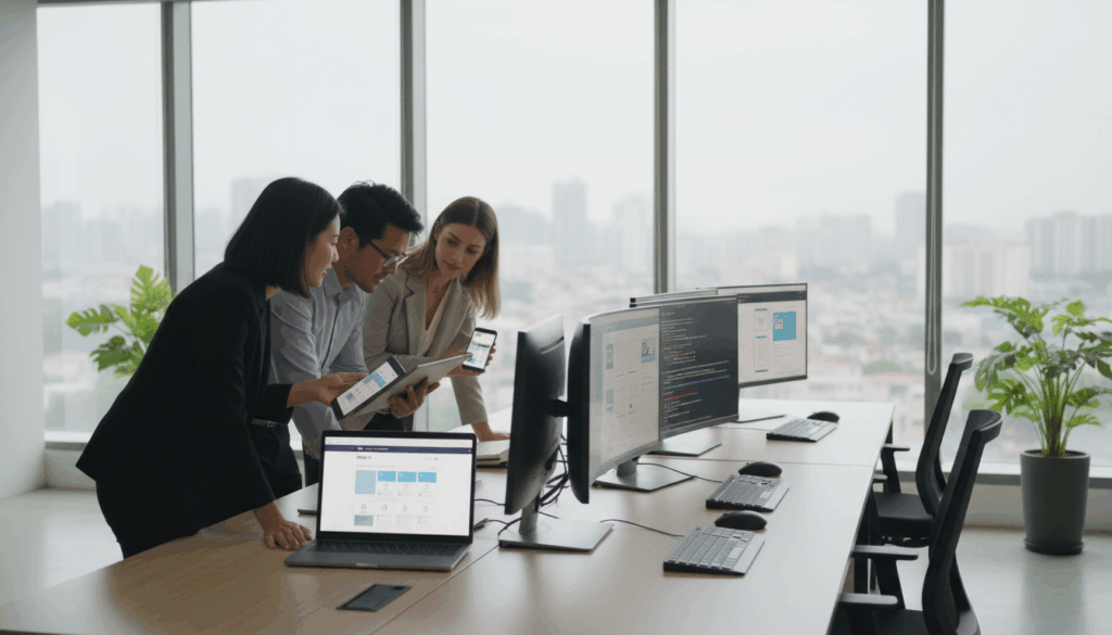 A Modern Office Setup Showcasing Cross-Device Compatibility Testing. In The Foreground, A Diverse Team Of Three Professionals In Business Attire, Focused On Various Devices: A Laptop, A Tablet, And A Smartphone, All Displaying The Same Responsive Website Design. In The Middle, A Sleek Workstation With Multiple Screens, Highlighting Digital Design Interfaces And Testing Software. The Background Features Large Windows Allowing Soft, Natural Light To Illuminate The Scene, Adding A Productive Atmosphere. The Overall Mood Is Collaborative And Innovative, Emphasizing Teamwork In Ensuring Seamless Web Experiences Across All Devices. Incorporate The Brand &Quot;Digifix&Quot; Subtly On One Of The Device Screens. High-Resolution, Wide-Angle Perspective To Capture The Depth Of The Workspace And The Engagement Of The Team. A Modern Office Setup Showcasing Cross-Device Compatibility Testing. In The Foreground, A Diverse Team Of Three Professionals In Business Attire, Focused On Various Devices: A Laptop, A Tablet, And A Smartphone, All Displaying The Same Responsive Website Design. In The Middle, A Sleek Workstation With Multiple Screens, Highlighting Digital Design Interfaces And Testing Software. The Background Features Large Windows Allowing Soft, Natural Light To Illuminate The Scene, Adding A Productive Atmosphere. The Overall Mood Is Collaborative And Innovative, Emphasizing Teamwork In Ensuring Seamless Web Experiences Across All Devices. Incorporate The Brand &Quot;Digifix&Quot; Subtly On One Of The Device Screens. High-Resolution, Wide-Angle Perspective To Capture The Depth Of The Workspace And The Engagement Of The Team.